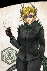 Rule 34 | 1girl, alternate costume, animal ears, animal print, antlers, black gloves, black pants, black suit, blonde hair, bracelet, cigarette, commentary request, cowboy shot, dragon ears, dragon girl, dragon tail, ear piercing, earrings, facial mark, forehead mark, forehead tattoo, formal, glasses, gloves, gold bracelet, green shirt, hand in pocket, highres, horns, jewelry, kicchou yachie, lipstick, looking at viewer, mafia, makeup, necklace, pants, piercing, pointy ears, ring, ryuuichi (f dragon), serious, shell, shirt, short hair, smoking, solo, spiked shell, spiked tail, suit, sunglasses, tail, touhou, turtle print, undershirt, yellow eyes