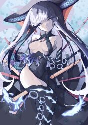 Rule 34 | 1girl, bare shoulders, black bow, black dress, black gloves, black hair, black headwear, black thighhighs, blue fire, blunt bangs, bow, center opening, collarbone, dress, elbow gloves, fate/grand order, fate (series), fire, fish, floral background, flute, full body, gloves, highres, instrument, iregui kamo, long hair, pipa (instrument), solo, thighhighs, very long hair, yang guifei (fate), yang guifei (third ascension) (fate)