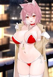 Rule 34 | 1girl, :d, absurdres, ahoge, amane chikaze, animal ear fluff, animal ears, bare shoulders, bikini, blurry, breasts, breath, brown coat, cameltoe, choker, cleavage, coat, collarbone, cowboy shot, depth of field, elbow gloves, fur trim, gloves, highres, indie virtual youtuber, jewelry, large breasts, long sleeves, looking at viewer, mole, mole under eye, nakamura nagare, navel, necklace, off shoulder, open clothes, open coat, open mouth, orange eyes, pink hair, red bikini, red choker, santa bikini, short hair, side-tie bikini bottom, skindentation, smile, snowing, solo, standing, stomach, strapless, strapless bikini, sweat, swimsuit, thigh gap, thighhighs, thighs, virtual youtuber, white gloves, white thighhighs