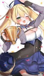 Rule 34 | 1girl, absurdres, blonde hair, blue dress, blue hat, breasts, cleavage, cowboy shot, cropped jacket, dokibird (vtuber), doodles, dress, green eyes, grey jacket, hat, highres, holding, holding trophy, indie virtual youtuber, jacket, long hair, looking at viewer, maru ccy, medium breasts, one eye closed, solo, trophy, twintails, virtual youtuber, white background