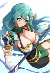 Rule 34 | 1girl, absurdres, aqua hair, armor, bare shoulders, braid, breastplate, breasts, chloe (fire emblem), cleavage, covered navel, elbow gloves, fire emblem, fire emblem engage, garter straps, gloves, gonzarez, green eyes, highres, large breasts, long hair, looking at viewer, nintendo, pegasus knight uniform (fire emblem), polearm, shoulder armor, side braid, single braid, skin tight, smile, solo, spear, very long hair, weapon, white gloves