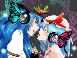 Rule 34 | 2girls, bad id, bad pixiv id, blue hair, bug, butterfly, face-to-face, female focus, food, fruit, hair ornament, hanadango, hat, hat ribbon, headphones, hinanawi tenshi, insect, leaf, long hair, magnet (vocaloid), multiple girls, open mouth, parody, peach, puffy sleeves, red eyes, remilia scarlet, ribbon, short hair, short sleeves, touhou, vocaloid, yuri