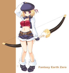 Rule 34 | 1girl, belt, beret, blonde hair, boots, bow (weapon), breasts, choker, fantasy earth zero, fingerless gloves, gloves, hat, large breasts, midriff, navel, pigeon-toed, red eyes, short hair, shorts, simple background, solo, weapon, yano takumi