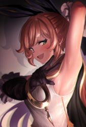 Rule 34 | 1girl, :d, absurdres, arm up, armpits, blush, brown hair, cape, clarisse (granblue fantasy), gloves, granblue fantasy, green eyes, hair ribbon, highres, open mouth, ponytail, presenting armpit, ribbon, sleeveless, smile, solo, ulrich (tagaragakuin), w