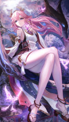 Rule 34 | 1girl, absurdres, animal ears, anklet, bare legs, bare shoulders, breasts, cherry blossoms, commentary request, crossed legs, detached sleeves, fox ears, genshin impact, hair ornament, highres, japanese clothes, jewelry, ken shiro, long hair, low-tied long hair, miko, outdoors, pink hair, purple eyes, sandals, sideboob, sitting, sitting on branch, solo, torii, tree, yae miko