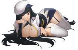 Rule 34 | 1girl, animal ears, arm support, black hair, bling (wnsdud34), breasts, cleavage, commission, curvy, female focus, female slayer (dungeon and fighter), garter straps, hat, large breasts, long hair, looking at viewer, panties, pantyshot, red eyes, simple background, solo, thick thighs, thighhighs, thighs, underwear, uniform, very long hair, white background, white thighhighs, wide hips