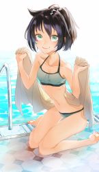 1girl bags_under_eyes bikini black_hair full_body green_eyes highres kuroki_tomoko matsunaga777 navel open_mouth ponytail pool smile solo swimsuit towel watashi_ga_motenai_no_wa_dou_kangaetemo_omaera_ga_warui!