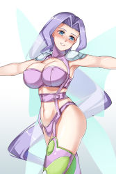 Rule 34 | 1girl, arms at sides, ass, belt, bikini, blue eyes, blush, bra, breasts, butterfly wings, curvy, digimon, digimon (creature), digimon frontier, fairimon, fairy, fairy wings, garter straps, highres, insect wings, lingerie, long hair, medium breasts, navel, nipples through clothes, panties, purple bikini, purple bra, purple hair, purple panties, revealing clothes, shoulder pads, smile, solo, swimsuit, thighhighs, thong, underwear, wide hips, wings