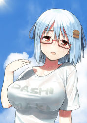 Rule 34 | 1girl, aqua hair, blush, borrowed character, breasts, brown eyes, burger hair ornament, clothes writing, cloud, day, fanning face, food-themed hair ornament, glasses, hair ornament, hair ribbon, hamburger-chan (nekoume), highres, jiji (aardvark), large breasts, open mouth, original, outdoors, red-framed eyewear, ribbon, see-through, shirt, short hair, short sleeves, sky, solo, sweat, upper body, white shirt