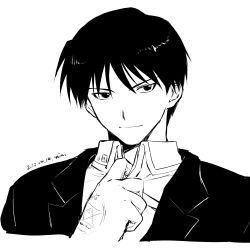 Rule 34 | 1boy, 2022, adjusting collar, closed mouth, cropped torso, dated, fullmetal alchemist, gloves, greyscale, hair between eyes, highres, looking at viewer, male focus, mini (pixiv6327751), monochrome, portrait, roy mustang, short hair, simple background, sketch, smile, solo, white background, wing collar