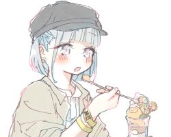 Rule 34 | 1girl, black hat, blush, bracelet, cha ipride, collared shirt, dessert, earrings, flat cap, food, from side, fruit, glass, grey eyes, grey hair, grey shirt, hat, holding, holding spoon, ice cream, idoly pride, jewelry, kana (idoly pride), lemon, lemon slice, long bangs, long sleeves, looking at viewer, open clothes, open mouth, open shirt, shirt, short hair, sidelocks, simple background, sleeves pushed up, solo, spoon, upper body, white background