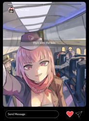 Rule 34 | 1girl, 3boys, absurdres, aircraft, airplane, airplane interior, among us, arm up, blunt bangs, breasts, bruno bucciarati, character request, cleavage, crewmate (among us), crossover, english text, fake phone screenshot, fake screenshot, flight attendant, grin, hat, heart, highres, hololive, hololive english, instagram story, jojo no kimyou na bouken, joseph joestar, joseph joestar (old), kakyoin noriaki, kouhiipan, long hair, looking at viewer, mori calliope, multiple boys, notorious b.i.g. (stand), pink hair, red eyes, red scarf, scarf, selfie, smile, snapchat, solo focus, stand (jojo), taking picture, time paradox, travel attendant, v, virtual youtuber