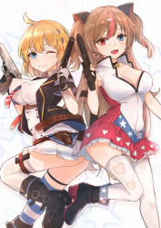 Rule 34 | 2girls, absurdres, alternate costume, black footwear, blonde hair, blue eyes, boots, breasts, cleavage, closed mouth, colt&#039;s manufacturing company, commission, dress, earrings, garter straps, girls&#039; frontline, gloves, gun, h&amp;k mark 23, hair ornament, hair ribbon, handgun, heart, heart earrings, heckler &amp; koch, heterochromia, highres, holding, holding gun, holding weapon, huge filesize, jewelry, light brown hair, long hair, looking at viewer, m1911, m1911 (girls&#039; frontline), m1911 (mod3) (girls&#039; frontline), match grade, match grade firearm, match grade pistol, medium breasts, mk23 (girls&#039; frontline), mod3 (girls&#039; frontline), multicolored hair, multiple girls, muteppona hito, offensive handgun, one eye closed, open mouth, pixiv commission, red eyes, ribbon, smile, standing, standing on one leg, star (symbol), star hair ornament, thighhighs, twintails, weapon, white background, white gloves, white legwear