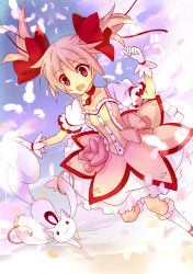 Rule 34 | 10s, 1girl, bad id, bad pixiv id, bow, bubble skirt, choker, cloud, feathers, floating hair, gloves, hair bow, highres, jumping, kaname madoka, kneehighs, kyubey, magical girl, mahou shoujo madoka magica, mahou shoujo madoka magica (anime), mitsuhashitaeko, open mouth, pink eyes, pink hair, puffy sleeves, short twintails, skirt, sky, smile, socks, twintails, white gloves, white socks