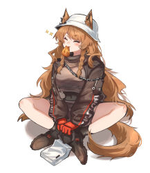 Rule 34 | 1girl, ^ ^, animal ears, arknights, bag, blush, boots, braid, brown footwear, brown hair, brown jacket, ceobe (arknights), ceobe (unfettered) (arknights), chain, closed eyes, dog ears, dog girl, dog tail, ears through headwear, food in mouth, gloves, hat, highres, holding, holding bag, indian style, jacket, long hair, mabing, mouth hold, official alternate costume, red gloves, side braids, simple background, sitting, solo, tail, very long hair, white background, white bag, white hat