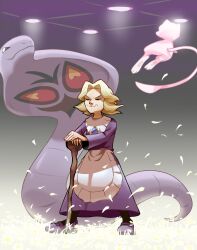 Rule 34 | 1girl, agatha (pokemon), apron, arbok, blonde hair, cane, ceiling, closed eyes, closed mouth, commentary request, creatures (company), dress, ffccll, flipped hair, game freak, gen 1 pokemon, highres, holding, holding cane, legendary pokemon, long sleeves, medium hair, mew (pokemon), mythical pokemon, nintendo, own hands together, pokemon, pokemon (creature), pokemon frlg, purple dress, shoes, smile, standing, waist apron, white apron