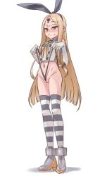 Rule 34 | 1girl, abigail williams (fate), animal ears, bare shoulders, between labia, black panties, blonde hair, blue sailor collar, blush, boots, cleft of venus, cosplay, crop top, elbow gloves, fake animal ears, fate/grand order, fate (series), frontal wedgie, full body, galbany (tsgororin), gloves, hairband, highleg, highleg panties, highres, hip bones, kantai collection, keyhole, long hair, looking at viewer, navel, neckerchief, no pants, panties, panty lift, parted bangs, red eyes, sailor collar, self wedgie, shimakaze (kancolle), shimakaze (kancolle) (cosplay), simple background, solo, striped clothes, striped thighhighs, sweatdrop, thighhighs, underwear, very long hair, wedgie, white background, white gloves, yellow neckerchief