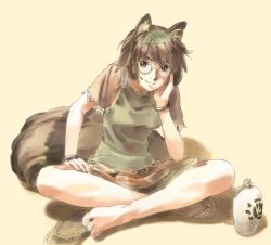 Rule 34 | 1girl, alcohol, animal ears, bottle, brown eyes, brown hair, brown shirt, brown skirt, closed mouth, fingernails, flip-flops, futatsuiwa mamizou, glasses, hand on own cheek, hand on own face, indian style, looking at viewer, nakajimayou, on floor, raccoon ears, raccoon girl, raccoon tail, sake, sake bottle, sandals, shirt, short hair, short sleeves, simple background, sitting, skirt, smile, solo, tail, toenails, toes, touhou, wine, yellow background