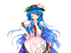 Rule 34 | 1girl, ;p, blue hair, female focus, food, fruit, game cg, hat, hinanawi tenshi, long hair, non-web source, one eye closed, peach, red eyes, riv (rivleaf), solo, straight-on, tachi-e, tongue, tongue out, touhou, transparent background, wink