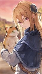 Rule 34 | 1girl, absurdres, animal, blonde hair, blue capelet, calico, capelet, cat, closed mouth, hair ornament, heaven burns red, highres, holding, holding animal, jacket, long hair, long sleeves, looking at viewer, marumoru, red eyes, second-party source, shirakawa yuina, solo, upper body, white jacket