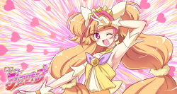 Rule 34 | 1girl, ;d, amanogawa kirara, armpits, blush, cure twinkle, earrings, gloves, go! princess precure, highres, jewelry, long hair, low-tied long hair, magical girl, multicolored hair, one eye closed, open mouth, orange hair, pink eyes, pink hair, precure, quad tails, smile, solo, star (symbol), star earrings, streaked hair, teio (teiotei), twintails, two-tone hair