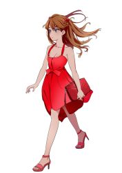 Rule 34 | 1girl, alternate costume, arms at sides, bag, blue eyes, bow, braid, breasts, brown hair, cleavage, closed mouth, dress, from side, frown, full body, hair ornament, hairclip, halterneck, handbag, high heels, highres, holding, holding bag, legs apart, long hair, long legs, mebae, nail polish, neon genesis evangelion, orange hair, parted bangs, red dress, sandals, simple background, skinny, small breasts, solo, souryuu asuka langley, toeless footwear, toenail polish, toenails, toes, walking, white background