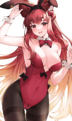 Rule 34 | 1girl, animal ears, anthuria, arm up, armpits, bare shoulders, black bow, bow, bowtie, braid, breasts, brown pantyhose, cleavage, covered navel, cowboy shot, crotch zipper, detached collar, embarrassed, erune, fake animal ears, gluteal fold, granblue fantasy, hair bow, hairband, hand up, highleg, highleg leotard, highres, koretsuki azuma, leotard, long hair, looking at viewer, medium breasts, open mouth, pantyhose, playboy bunny, rabbit ears, red leotard, smile, solo, standing, strapless, strapless leotard, sweatdrop, thighband pantyhose, wrist cuffs, zipper, zipper pull tab