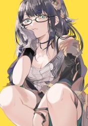Rule 34 | 1girl, bare shoulders, between legs, black-framed eyewear, black choker, black gloves, black hair, black jacket, blue eyes, bracelet, breasts, choker, cleavage, closed mouth, commentary request, earclip, eyewear on head, feet out of frame, glasses, gloves, granblue fantasy, grey gloves, hair ornament, hairband, hand between legs, hand on own cheek, hand on own face, illnott, jacket, jewelry, lips, looking at viewer, medium breasts, necklace, raised eyebrows, sakuragi kei, shirt, simple background, single glove, solo, squatting, strap, strapless, strapless shirt, thigh strap, white shirt, yellow background