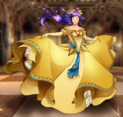 Rule 34 | 1girl, bare shoulders, belt, blue ribbon, blurry, blurry background, bow, bridal gauntlets, closed mouth, dancing, dress, closed eyes, faris scherwiz, final fantasy, final fantasy v, floating hair, full body, gown, hair bow, high ponytail, highres, long hair, motion blur, outstretched arms, ponytail, princess, purple hair, ribbon, sarisa highwind tycoon, solo, spread arms, very long hair, yellow bow, yellow dress
