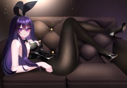 Rule 34 | 1girl, 707arisu, absurdres, arm support, bad id, bad twitter id, bare arms, bare shoulders, black bow, black bowtie, black footwear, black leotard, black pantyhose, bow, bowtie, breasts, cleavage, closed mouth, commentary request, couch, covered navel, curled fingers, detached collar, dot nose, forehead, full body, hair between eyes, high heels, highleg, highleg leotard, highres, indoors, knees together feet apart, legs up, leotard, light particles, long bangs, long hair, lying, medium breasts, on back, original, pantyhose, pink eyes, playboy bunny, purple hair, solo, strapless, strapless leotard, thighs