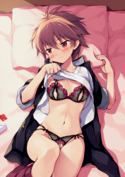 Rule 34 | 1girl, bed sheet, black bra, black jacket, black panties, blush, bra, breasts, brown hair, cleavage, closed mouth, clothes lift, commentary request, condom, condom wrapper, crotchless, crotchless panties, eguchi sera, embarrassed, floral print, from above, frown, groin, jacket, lifted by self, lingerie, long sleeves, looking away, looking to the side, lying, medium breasts, navel, odawara hakone, on back, on bed, open clothes, open jacket, panties, pillow, red eyes, saki, saki (manga), saki achiga-hen, shirt, shirt lift, short hair, skindentation, sleeves pushed up, solo, stomach, sweat, underwear, white shirt