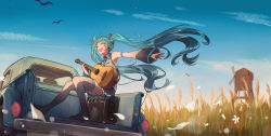 Rule 34 | 1girl, absurdres, acoustic guitar, amplifier, bird, car, commentary, english commentary, flower, guitar, hatsune miku, highres, instrument, laughing, long hair, motor vehicle, muta (csw), paper, pickup truck, sky, solo, truck, twintails, very long hair, vocaloid, wheat field, wind, windmill