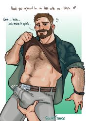Rule 34 | 1boy, 55sauce55, absurdres, arm hair, bara, bare pectorals, beard, belly, blush, brown hair, bulge, chain necklace, coral island, cowboy shot, crotch grab, erection, erection under clothes, facial hair, full beard, hairy, highres, jewelry, lifted by self, looking at viewer, male focus, mark (coral island), muscular, muscular male, necklace, nervous sweating, nipples, pants, pectorals, pov, pov hands, precum, precum through clothes, short hair, smile, solo focus, sweat, thick beard, thick chest hair, thick navel hair, very hairy