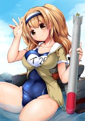 Rule 34 | 10s, 1girl, bird, blue sky, breasts, brown eyes, cloud, day, hairband, i-26 (kancolle), kantai collection, large breasts, light brown hair, long hair, machinery, md5 mismatch, name tag, new school swimsuit, one-piece swimsuit, open clothes, rock, ruri rarako, sailor collar, school swimsuit, seagull, short sleeves, sitting, sky, solo, swimsuit, swimsuit under clothes, torpedo, two-tone hairband, water