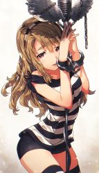 Rule 34 | 10s, 1girl, :d, arms up, bad id, bad pixiv id, black shorts, chain, collarbone, cowboy shot, cuffs, eyebrows, from above, gradient background, hairband, handcuffs, horizontal-striped legwear, idolmaster, idolmaster million live!, long hair, looking at viewer, microphone, microphone stand, miyao miya, narumi arata, off shoulder, open mouth, own hands together, prison clothes, red eyes, restrained, shirt, short shorts, short sleeves, shorts, simple background, skindentation, smile, solo, standing, striped clothes, striped shirt, striped thighhighs, sweatband, thick eyebrows, thighhighs, wavy hair