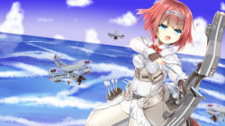 Rule 34 | 1girl, aircraft, airplane, ark royal (kancolle), arrow (projectile), biplane, blue eyes, blue sky, blunt bangs, bob cut, bow (weapon), cleavage cutout, clothing cutout, cloud, commentary request, compound bow, corset, cowboy shot, fairey swordfish, fingerless gloves, gloves, hairband, highres, horizon, kantai collection, long sleeves, mizunashi rei, ocean, outdoors, overskirt, pantyhose, quiver, red hair, red ribbon, ribbon, short hair, shorts, sky, solo, tiara, weapon, white pantyhose, white shorts