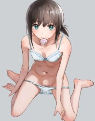 Rule 34 | 1girl, absurdres, barefoot, black hair, blue eyes, bra, breasts, cleavage, condom, condom in mouth, condom wrapper, female pubic hair, fubuki (kancolle), grey background, highres, kabayaki namazu, kantai collection, looking at viewer, mouth hold, navel, pubic hair, short hair, simple background, sitting, small breasts, solo, underwear, wariza