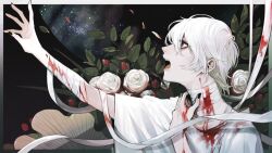 Rule 34 | 1boy, arm up, bandaged arm, bandaged neck, bandages, black background, black nails, blood, blood on arm, blood on clothes, blood on neck, bloody bandages, flower, hand up, highres, hospital gown, looking at viewer, looking to the side, male focus, minai mosa, open mouth, original, outstretched arms, purple eyes, reaching, rose, short hair, solo, upper body, white flower, white hair, white rose, wide sleeves