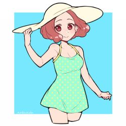 Rule 34 | 1girl, artist name, bare arms, bare shoulders, blue background, border, breasts, brown eyes, brown hair, cleavage, closed mouth, collarbone, cowboy shot, cropped legs, do m kaeru, dress swimsuit, hand on headwear, hat, looking at viewer, okumura haru, one-piece swimsuit, outside border, persona, persona 5, polka dot, polka dot swimsuit, short hair, signature, smile, solo, sun hat, swimsuit, two-tone background, white border