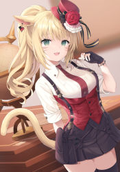 Rule 34 | 1girl, :d, animal ears, black gloves, black skirt, black thighhighs, blonde hair, blurry, blurry background, blush, breasts, cat ears, cat girl, cat tail, collared shirt, commentary request, depth of field, ear piercing, facial mark, fang, final fantasy, final fantasy xiv, fingerless gloves, flower, globe, gloves, green eyes, hand up, hat, hat flower, heart, indoors, kanora, long hair, looking at viewer, medium breasts, miqo&#039;te, open mouth, piercing, pleated skirt, ponytail, red flower, red hat, red rose, red vest, rose, shirt, short sleeves, skirt, smile, solo, standing, suspender skirt, suspenders, tail, thighhighs, tilted headwear, vest, warrior of light (ff14), whisker markings, white shirt