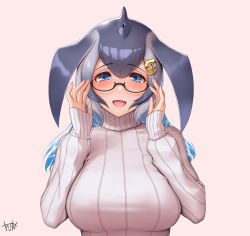 Rule 34 | 1girl, anchor hair ornament, blowhole, blue eyes, blue hair, blue whale (kemono friends), blush, commentary request, dorsal fin, glasses, grey hair, hair ornament, hands on eyewear, highres, kemono friends, long hair, long sleeves, looking at viewer, multicolored hair, open mouth, smile, solo, sweater, takebi, turtleneck, turtleneck sweater, upper body, white sweater