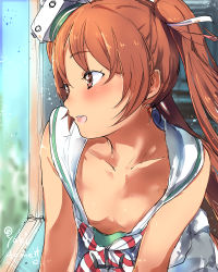Rule 34 | 10s, 1girl, bare shoulders, blush, breasts, brown eyes, brown hair, collarbone, dark-skinned female, dark skin, downblouse, dress, hair ribbon, hat, kantai collection, leaning forward, libeccio (kancolle), long hair, no bra, open mouth, ribbon, sailor dress, sleeveless, small breasts, smile, solo, twintails, yakitomato
