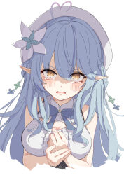 Rule 34 | 1girl, ahoge, bare shoulders, beret, blue bow, blue hair, blush, bow, braid, brat (brabrabrat00), breast cutout, breasts, cleavage, colored tips, commentary request, crying, crying with eyes open, elf, flower, hair flower, hair ornament, hair over shoulder, hands on own chest, hat, heart, heart ahoge, highres, hololive, long hair, looking at viewer, medium breasts, multicolored hair, open mouth, pointy ears, shirt, sidelocks, snowflake hair ornament, solo, streaked hair, tears, virtual youtuber, white background, white flower, white shirt, yukihana lamy, yukihana lamy (1st costume)