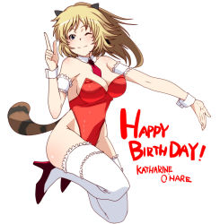 Rule 34 | 1girl, ;), animal ears, armlet, blonde hair, blue eyes, blush, body blush, breasts, character name, cleavage, detached collar, female focus, freckles, frills, happy birthday, high heels, katharine ohare, large breasts, leotard, long hair, necktie, nontraditional playboy bunny, one eye closed, playboy bunny, ponytail, raccoon ears, raccoon girl, raccoon tail, simple background, smile, solo, strike witches, strike witches: suomus misfits squadron, tabigarasu, tail, thighhighs, white background, white thighhighs, world witches series, wrist cuffs