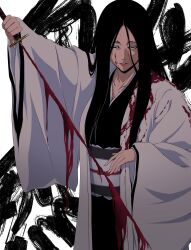 Rule 34 | 1girl, absurdres, arm up, bankai, black hair, black kimono, bleach, bleach: sennen kessen-hen, blood, blood on clothes, blood on face, blue eyes, collarbone, commentary request, cowboy shot, eyelashes, fighting stance, hair between eyes, hair down, half-closed eyes, haori, highres, holding, holding sword, holding weapon, japanese clothes, katana, kimono, lips, long hair, long sleeves, looking at viewer, minazuki (bankai), nishizuki shino, nose, open clothes, open kimono, parted bangs, parted lips, red lips, serious, simple background, solo, straight hair, sword, unohana retsu, weapon, white background, white kimono, wide sleeves