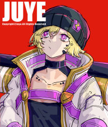 Rule 34 | 1girl, animification, apex legends, artist name, blonde hair, clothing cutout, collarbone, electric incognito wattson, flat chest, jacket, lightning bolt symbol, looking up, official alternate costume, purple hair, short hair, solo, wattson (apex legends), white jacket, xiaoye ju er