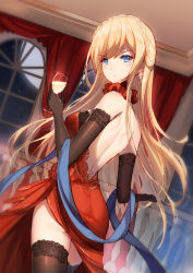 Rule 34 | &gt;:(, 1girl, backless dress, backless outfit, bare shoulders, bison cangshu, black gloves, black thighhighs, blonde hair, blue eyes, breasts, closed mouth, cowboy shot, cross, cup, dress, drinking glass, earrings, elbow gloves, from behind, frown, full moon, gloves, indoors, jewelry, lace, lace-trimmed gloves, lace-trimmed legwear, lace trim, long hair, looking at viewer, looking back, md5 mismatch, medium breasts, moon, night, red dress, richelieu (warship girls r), shawl, solo, thighhighs, two-barred cross, v-shaped eyebrows, warship girls r, wine glass