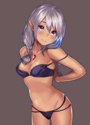 Rule 34 | 1girl, adjusting bra, adjusting clothes, bare shoulders, blue hair, blush, bra, braid, breasts, cleavage, closed mouth, collarbone, copyright request, cowboy shot, crystal, dark-skinned female, dark skin, hair over shoulder, head tilt, highres, kagematsuri, lace, lace-trimmed bra, lace trim, light smile, long hair, looking at viewer, multicolored hair, panties, pointy ears, purple eyes, silver hair, solo, strap slip, strapless, twin braids, twintails, underwear, underwear only