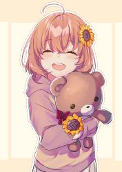Rule 34 | 1girl, :d, ^ ^, absurdres, ahoge, brown hair, closed eyes, commentary, crossed arms, dotted line, facing viewer, flower, hair flower, hair ornament, hairclip, happy, highres, holding, holding stuffed toy, honma himawari, hood, hood down, long sleeves, medium hair, nijisanji, open mouth, outline, pleated skirt, skirt, smile, solo, stuffed animal, stuffed toy, sunflower, sunflower hair ornament, teddy bear, teeth, upper body, upper teeth only, virtual youtuber, white skirt, yellow background, yumesaki nana