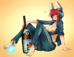 Rule 34 | 1girl, alcohol, arm support, barefoot, blush, breasts, cleavage, cosmic break, drunk, feet, headgear, hiccup, highleg, highleg panties, large breasts, looking at viewer, maril march, open clothes, panties, red eyes, sake, saliva, short hair, sitting, skj, sleeves pushed up, solo, track suit, underwear, yellow eyes